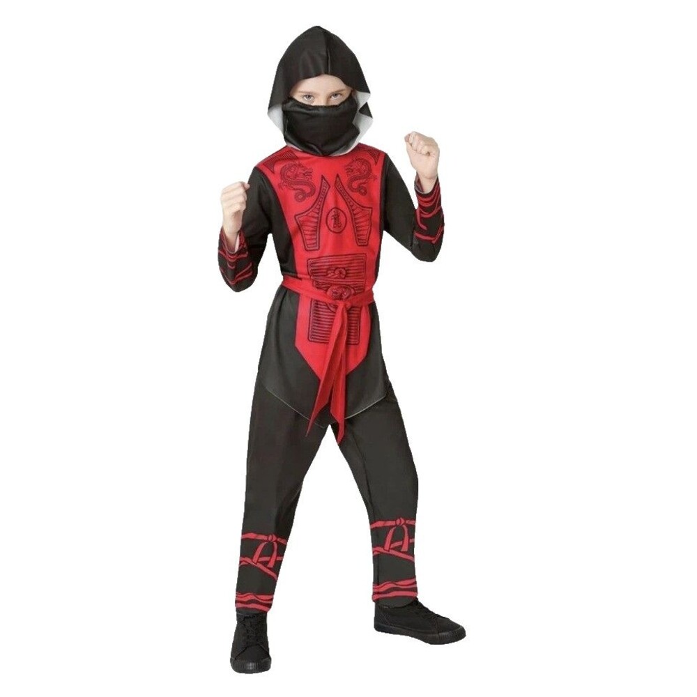 Ninja Costume for Kids Boys Size M 8 Red Black Hooded Tunic Pants Halloween